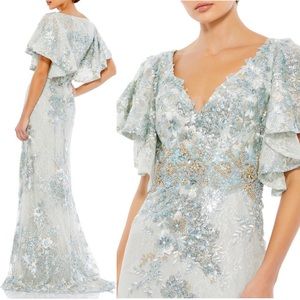 Mac Duggal Flutter Sleeve Embellished Gown Seafoam in color.